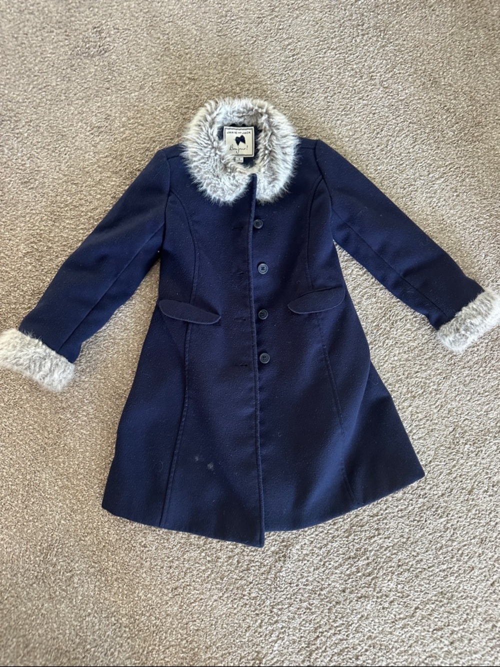 Janie and Jack Navy Coat with Faux-Fur Trim